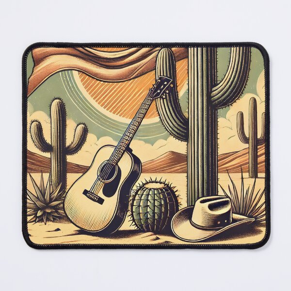 Item preview, Vintage Desert Cowboy Guitar Artwork Western Cactus Landscape Illustration designed and sold by DrawHandArt.