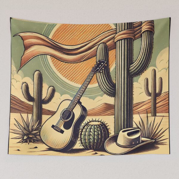 Item preview, Vintage Desert Cowboy Guitar Artwork Western Cactus Landscape Illustration designed and sold by DrawHandArt.