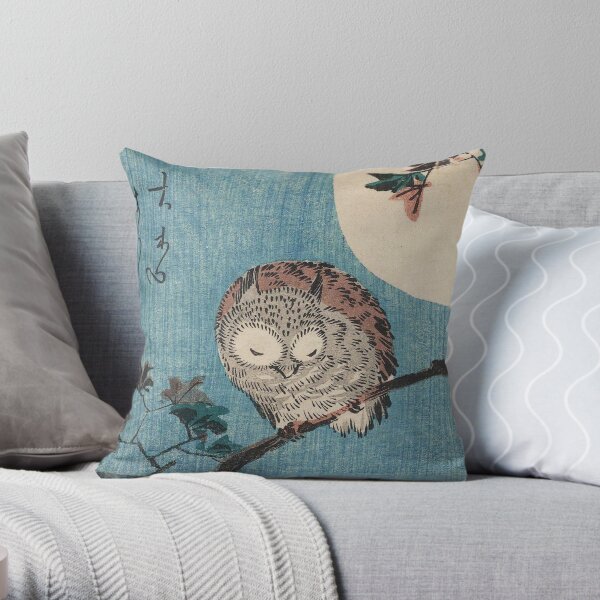 HD Small Horned Owl on Maple Branch under Full Moon, by Utagawa Hiroshige HIGH DEFINITION Throw Pillow