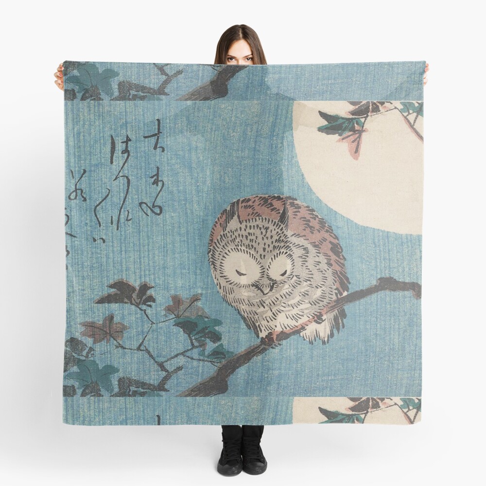 HD Small Horned Owl on Maple Branch under Full Moon, by Utagawa Hiroshige HIGH DEFINITION Scarf