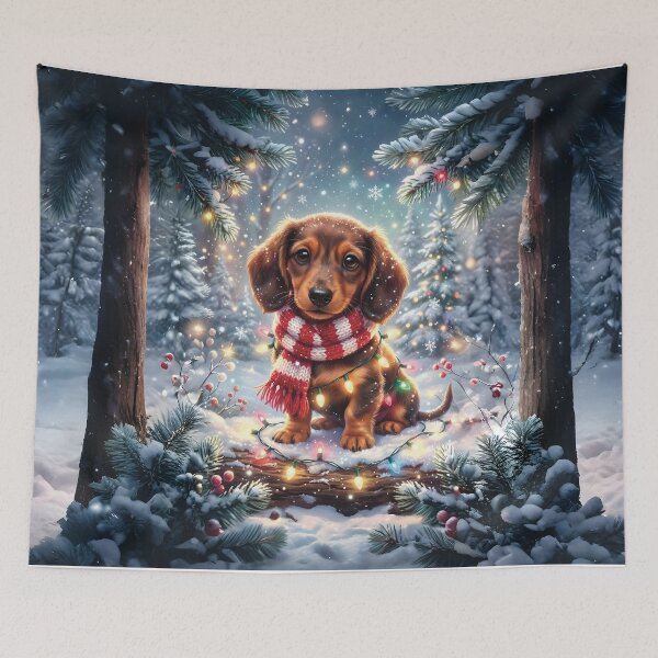 Item preview, Baby dachshund puppy with a scarf and Christmas lights designed and sold by Celedrine-art.