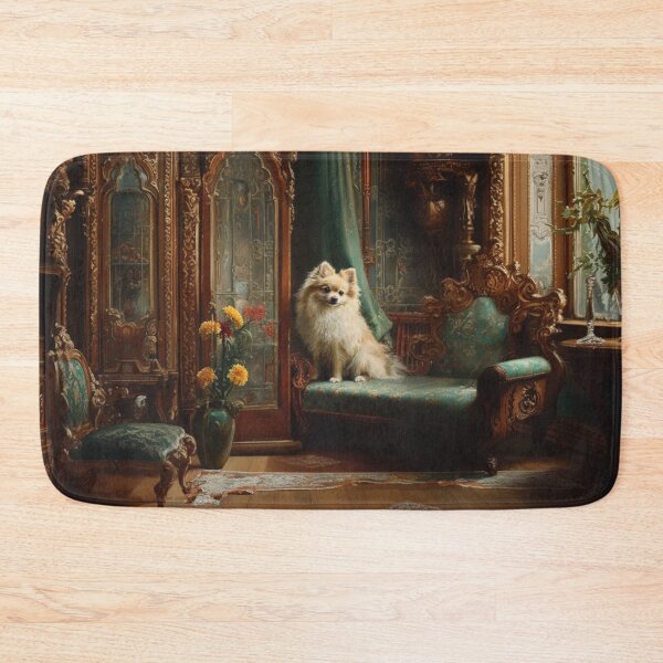 Item preview, A fluffy Pomeranian perched proudly in a Victorian-style interior, Dogs in Motion designed and sold by CDC40.