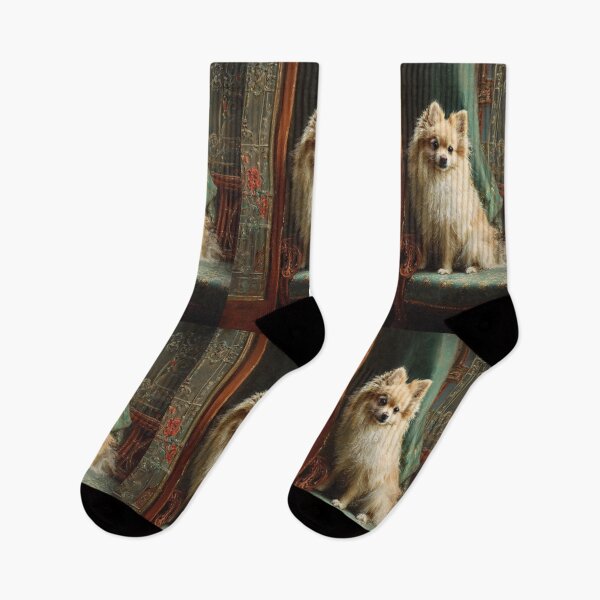 Item preview, A fluffy Pomeranian perched proudly in a Victorian-style interior, Dogs in Motion designed and sold by CDC40.