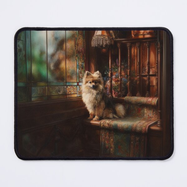 Item preview, A fluffy Pomeranian perched proudly in a Victorian-style interior, Dogs in Motion designed and sold by CDC40.