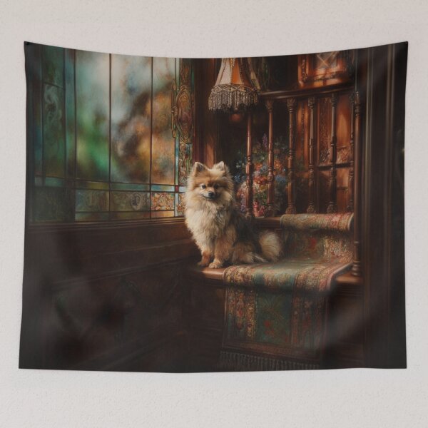 Item preview, A fluffy Pomeranian perched proudly in a Victorian-style interior, Dogs in Motion designed and sold by CDC40.