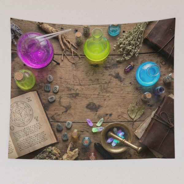 Item preview, Alchemist’s Workbench - Glowing Potions & Runes Flat Lay designed and sold by SavinMercantile.