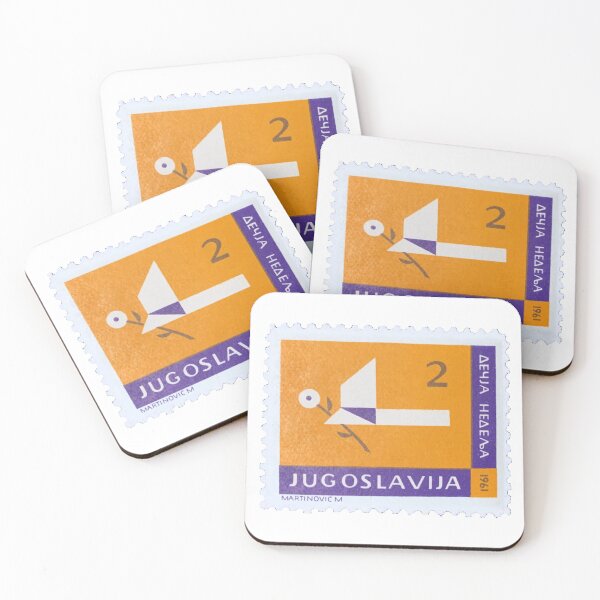 Item preview, Yugoslavia Orange and Blue Shapes Vintage Postage Stamp designed and sold by red-amber65.
