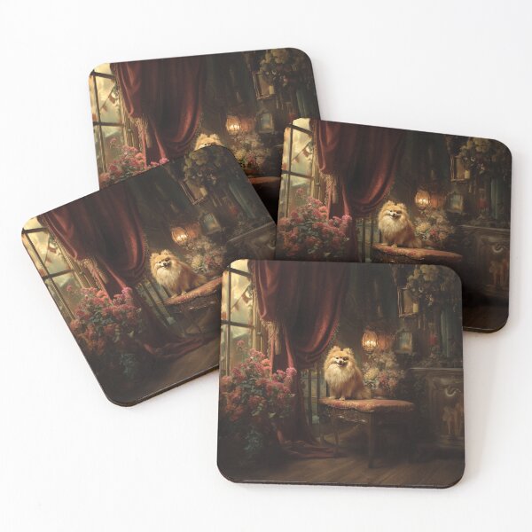 Item preview, A fluffy Pomeranian perched proudly in a Victorian-style interior, Dogs in Motion designed and sold by CDC40.