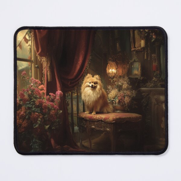 Item preview, A fluffy Pomeranian perched proudly in a Victorian-style interior, Dogs in Motion designed and sold by CDC40.