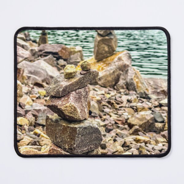 Item preview, Balanced Stone Cairns by the Lake – Zen Nature Photography Print designed and sold by aadventures.