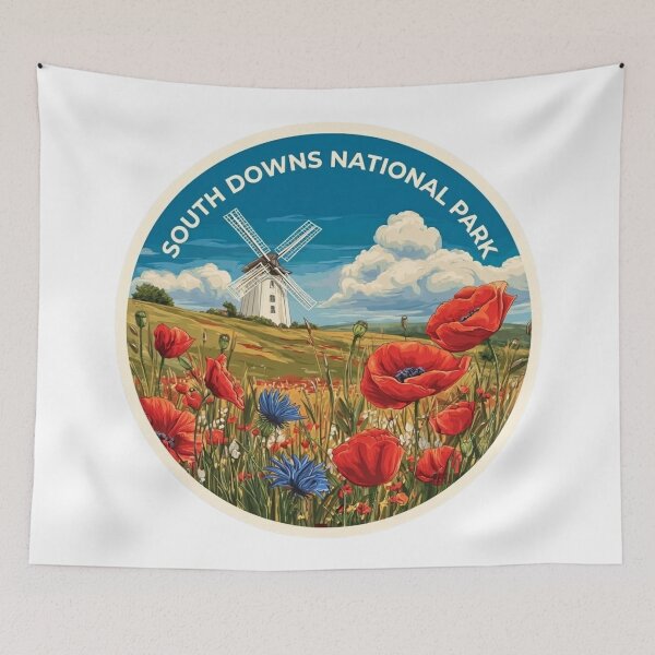 Item preview, Vintage South Downs National Park Poster with White Windmill and   Red Poppy Fields designed and sold by Blurbean.