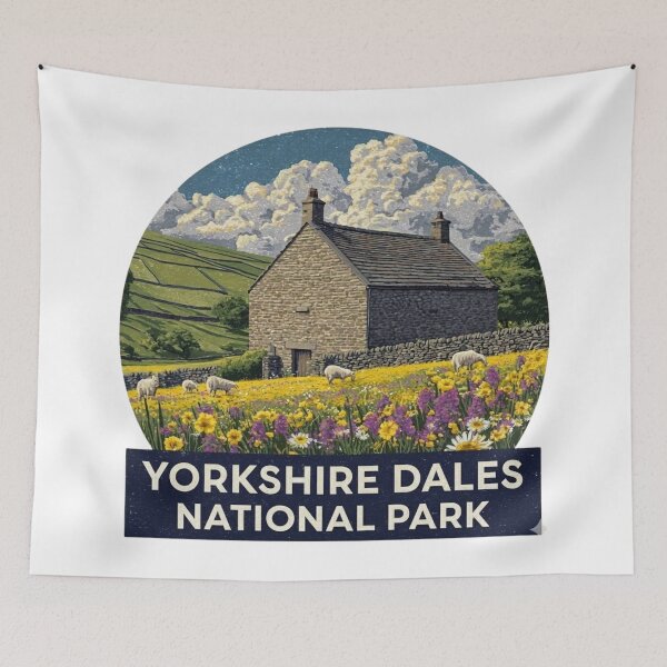 Item preview, Vintage Yorkshire Dales National Park Poster with Stone Barn and   Wildflower Meadow designed and sold by Blurbean.
