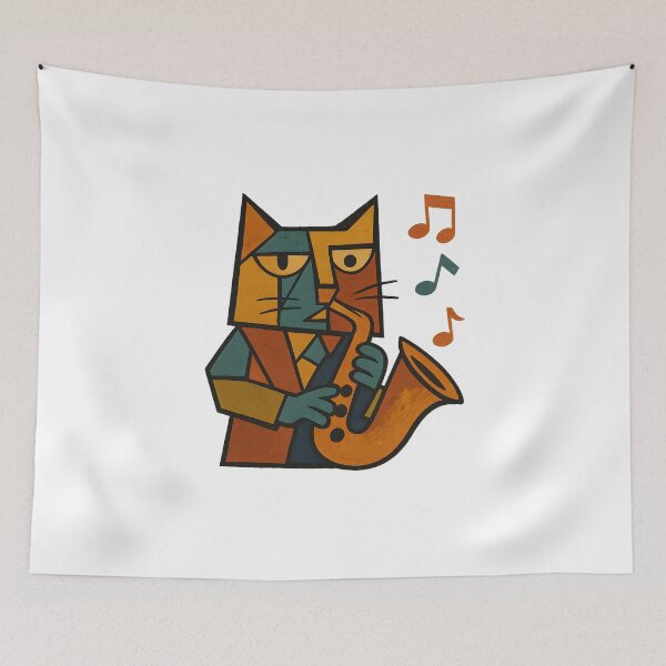Item preview, Cubist Jazz Cat Poster – Abstract Saxophone Music Wall Art designed and sold by FelineGrooveArt.