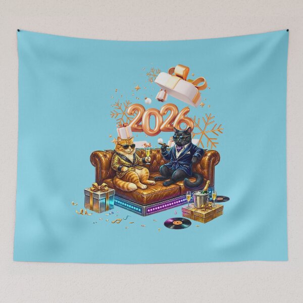 Item preview, Rich Luxury Cats New Year 2026 Party | Black Cat & Orange Tabby on Leather Sofa designed and sold by E-SarnEdge.
