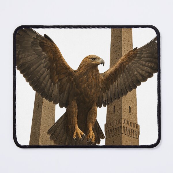 Item preview, Golden Eagle Rising Between Bologna’s Two Towers – Realistic Wildlife Art designed and sold by LOSCOLIS.