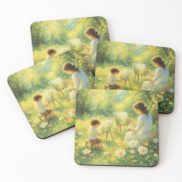 Item preview, Mother and Child Painting in a Sunlit Meadow, Whimsical Nature Art designed and sold by BeaconMarketing.