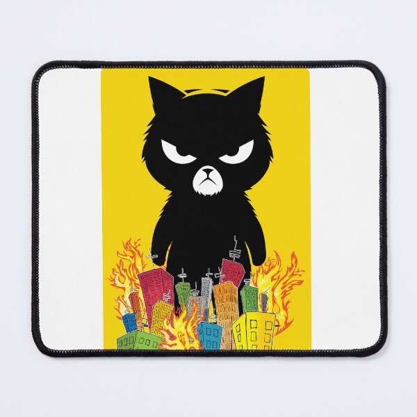 Item preview, Mad Cat Cartoon Standing Over Burning City – Chaotic Funny Cat Illustration designed and sold by PIXEL POP DESIGNS - Beyond the Norm!.