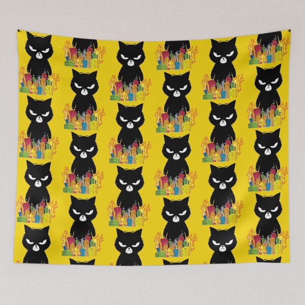 Item preview, Mad Cat Cartoon Standing Over Burning City – Chaotic Funny Cat Illustration designed and sold by PIXEL POP DESIGNS - Beyond the Norm!.