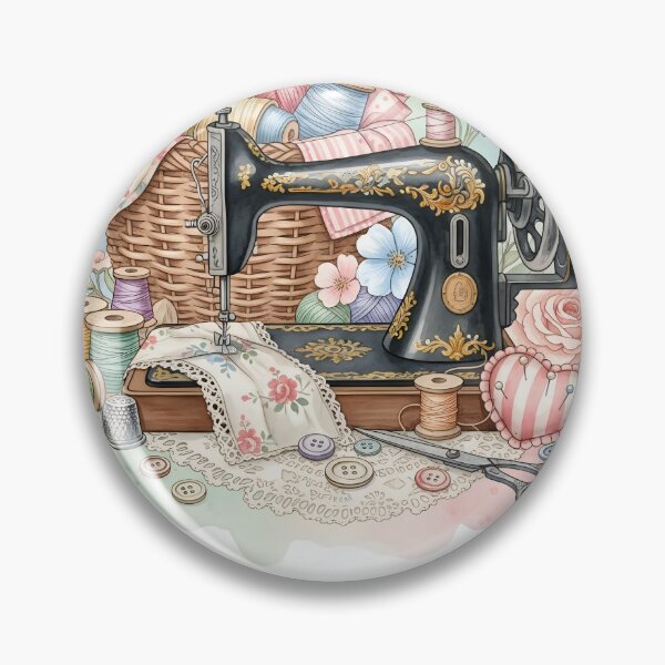 Item preview, Vintage Sewing Machine & Cottagecore Craft Watercolor: Floral Quilting Basket Art designed and sold by VibranPalette.