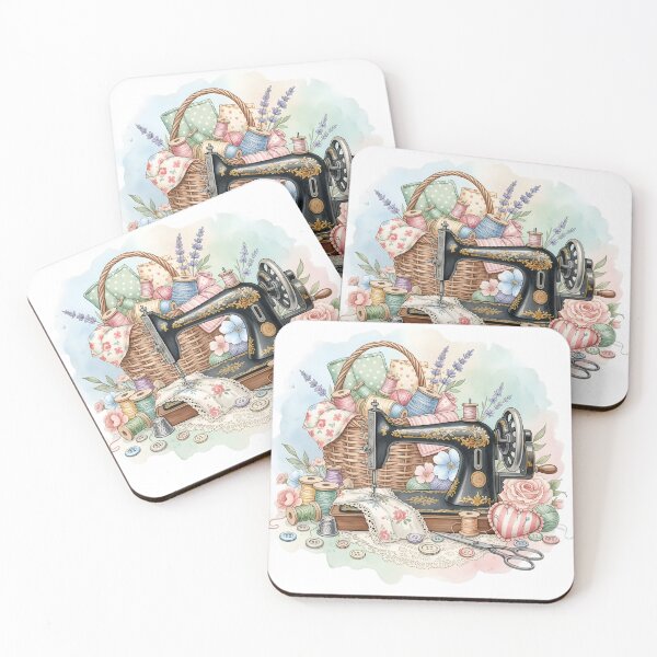 Item preview, Vintage Sewing Machine & Cottagecore Craft Watercolor: Floral Quilting Basket Art designed and sold by VibranPalette.
