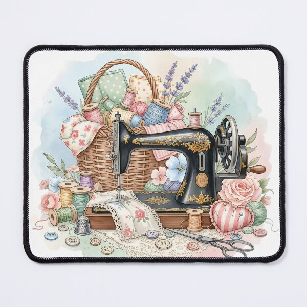 Item preview, Vintage Sewing Machine & Cottagecore Craft Watercolor: Floral Quilting Basket Art designed and sold by VibranPalette.