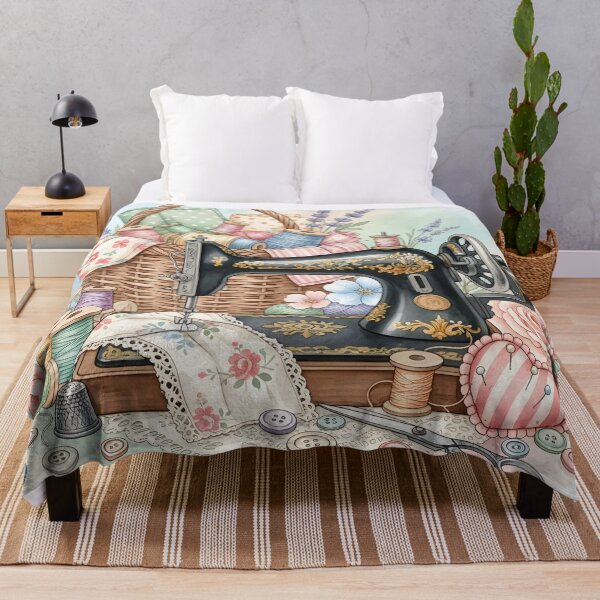 Item preview, Vintage Sewing Machine & Cottagecore Craft Watercolor: Floral Quilting Basket Art designed and sold by VibranPalette.