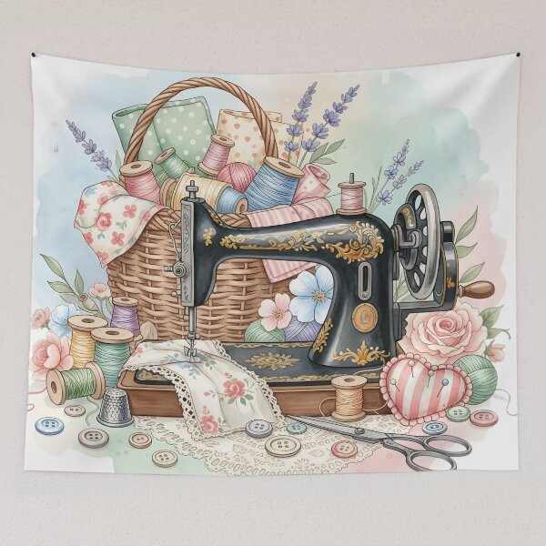 Item preview, Vintage Sewing Machine & Cottagecore Craft Watercolor: Floral Quilting Basket Art designed and sold by VibranPalette.