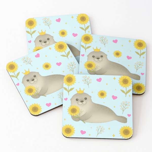 Item preview, Fluffy Gray Seal with Sunflowers – Blue designed and sold by HIMEKARI.