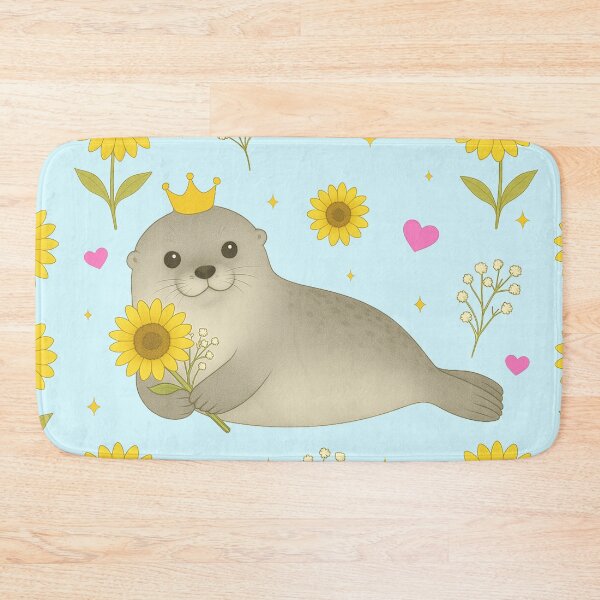 Item preview, Fluffy Gray Seal with Sunflowers – Blue designed and sold by HIMEKARI.