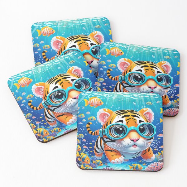 Item preview, Cute Tiger Cub With Goggles Swimming Toward You – Colorful Underwater Reef Art designed and sold by 4TinyPaws.