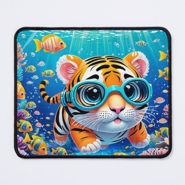 Item preview, Cute Tiger Cub With Goggles Swimming Toward You – Colorful Underwater Reef Art designed and sold by 4TinyPaws.
