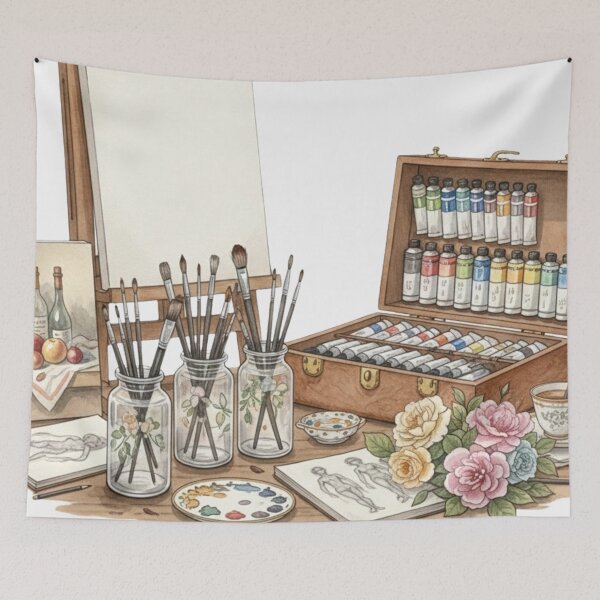 Item preview, Watercolor Artist’s Studio Setup: Painter Easel, Brushes & Paint Box Still Life designed and sold by VibranPalette.