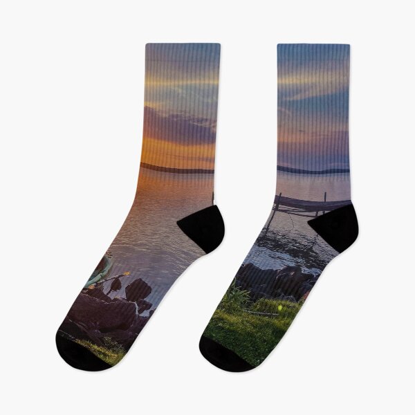 Item preview, Golden Hour Lake Sunset – Serene Dock & Kayak Nature Photography designed and sold by aadventures.