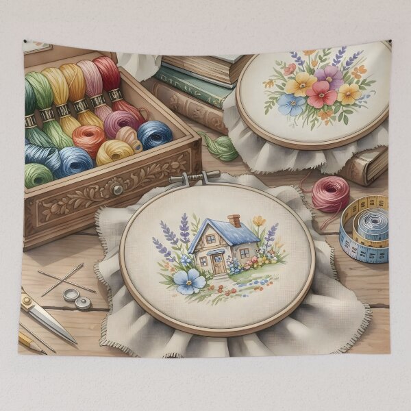 Item preview, Cozy Cottage Cross Stitch Hoop: Watercolor Needlework and Embroidery Supplies designed and sold by VibranPalette.