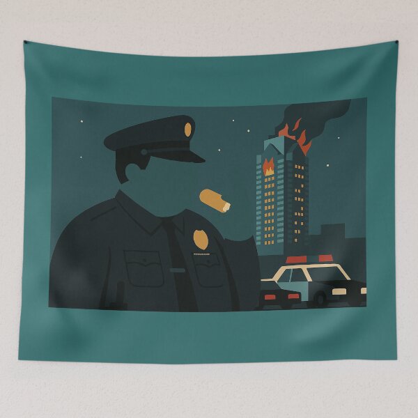 Item preview, Twinkie Break – Minimalist 1980s Cop Artwork with Burning Tower Background designed and sold by DiamondSkyShirt.