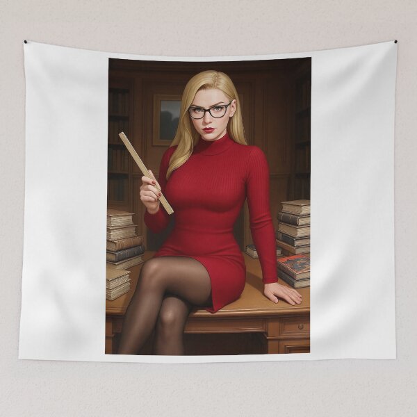Item preview, Ilya Martin in red dress holding book in library designed and sold by CathryneDelamort.