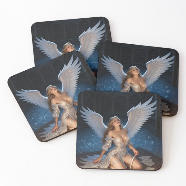 Item preview, Angel in white gown kneels in moonlit library designed and sold by CathryneDelamort.