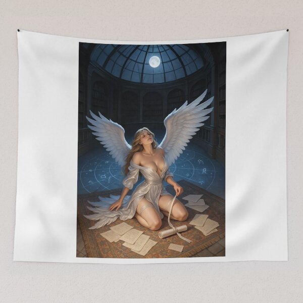 Item preview, Angel in white gown kneels in moonlit library designed and sold by CathryneDelamort.