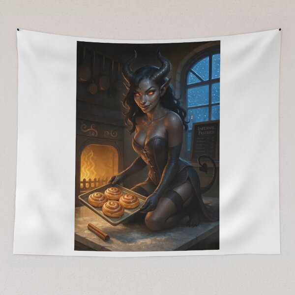 Item preview, Demoness in corset holds cinnamon rolls from oven designed and sold by CathryneDelamort.