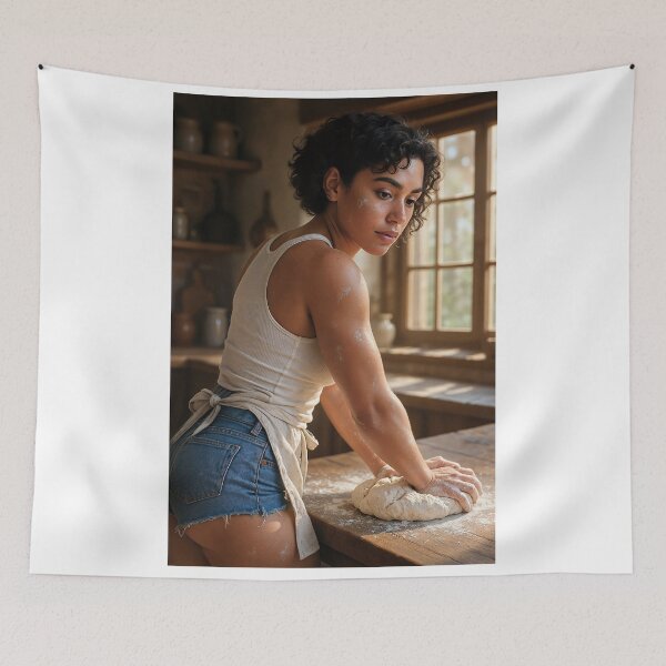 Item preview, Sarah kneading dough in rustic kitchen designed and sold by CathryneDelamort.