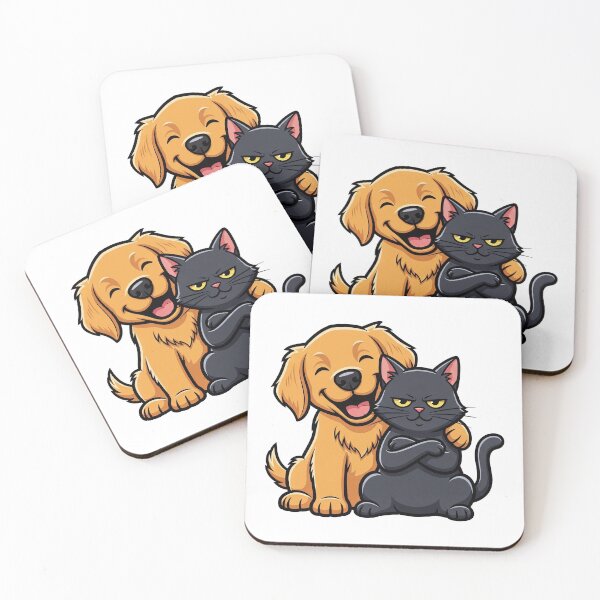 Item preview, Cheerful golden puppy hugging a grumpy black cat friend designed and sold by Cute-Ur-Day.