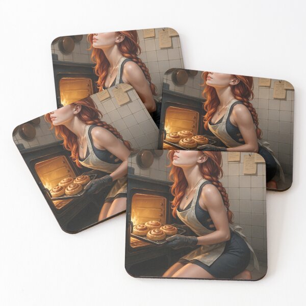Item preview, Rowan kneels before oven with cinnamon rolls designed and sold by CathryneDelamort.