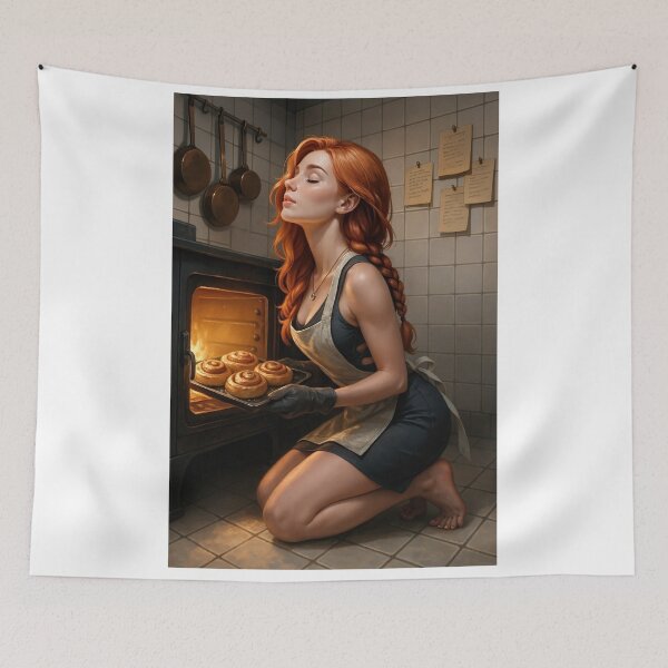 Item preview, Rowan kneels before oven with cinnamon rolls designed and sold by CathryneDelamort.