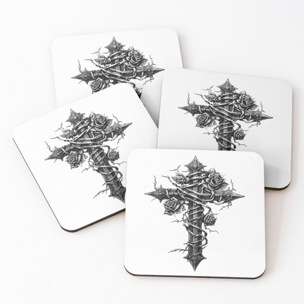 Item preview, Gothic Cross with Roses – Black and White Dark Floral Art designed and sold by inkoutninja.