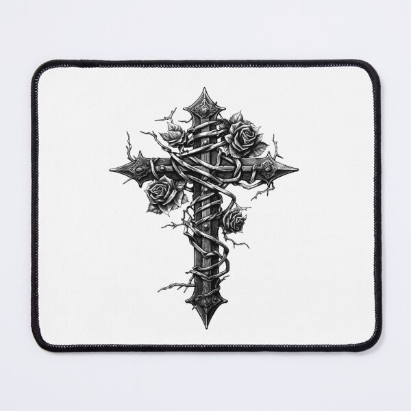 Item preview, Gothic Cross with Roses – Black and White Dark Floral Art designed and sold by inkoutninja.