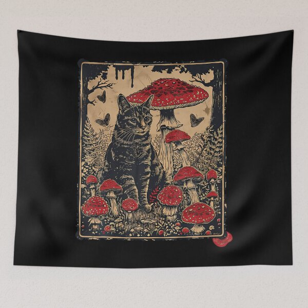 Item preview, Cottagecore Aesthetic Cat Sits At Toadstool Mushroom designed and sold by huftyfnruppe.