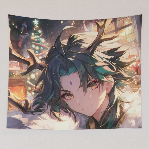Item preview, Xiao Genshin Impact Christmas winter festive reindeer warm holiday magical night designed and sold by HumbertoValveno.