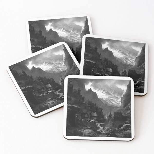 Item preview, Dark Fantasy Village – Gothic Medieval Mountain Landscape Art designed and sold by inkoutninja.