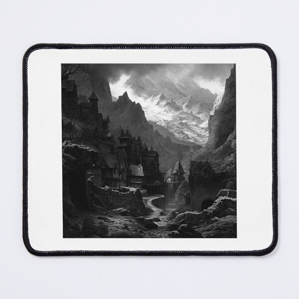 Item preview, Dark Fantasy Village – Gothic Medieval Mountain Landscape Art designed and sold by inkoutninja.