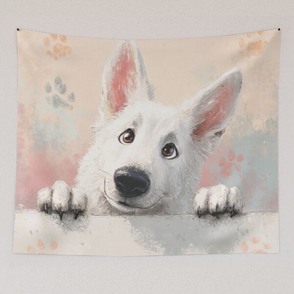 Item preview, White Swiss Shepherd Peeking over Wall 01 designed and sold by Elisabeth Lucas.